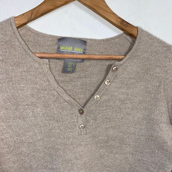 Wicked Wool Sweater M Tan Merino Wool Henley Button Neck Pullover Classic Read - Picture 2 of 10
